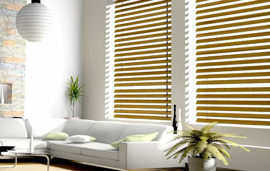 Wood blinds installed by Westminster blind company in living room